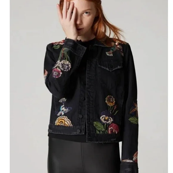Unique Botanical Floral & Hummingbird Embroidered Black Denim Jacket M - Picture 4 of 16